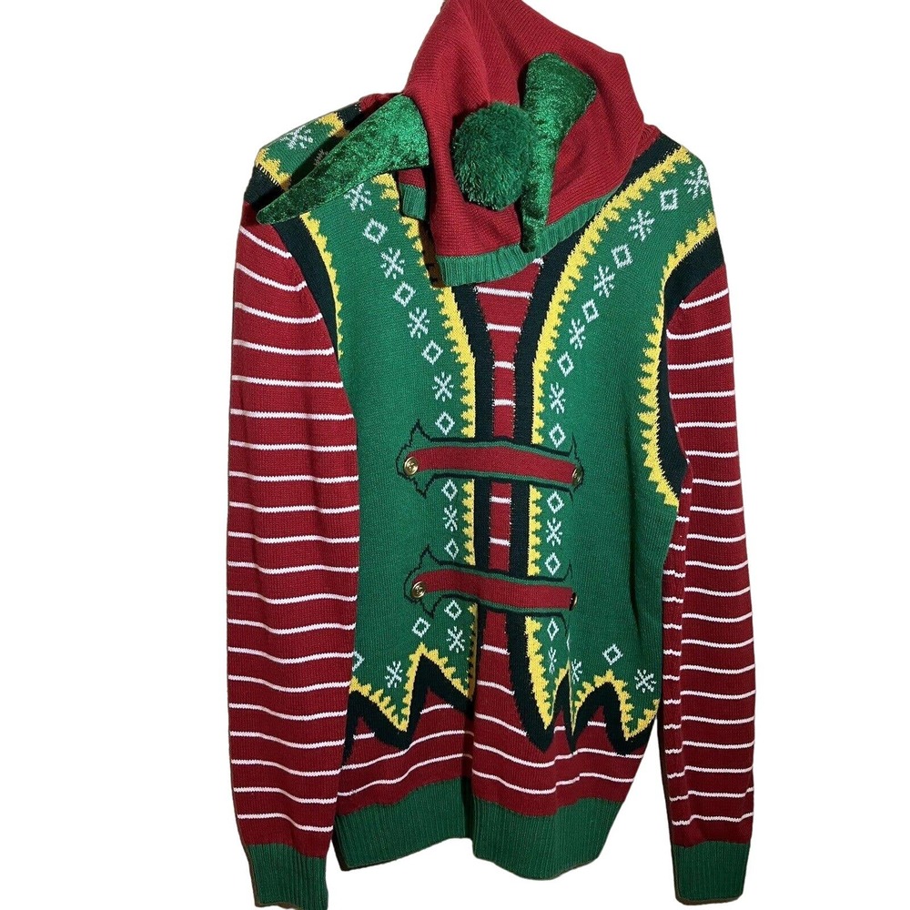 Ugly Christmas Sweater Sz M Elf Hoodie Red Preowned Unisex